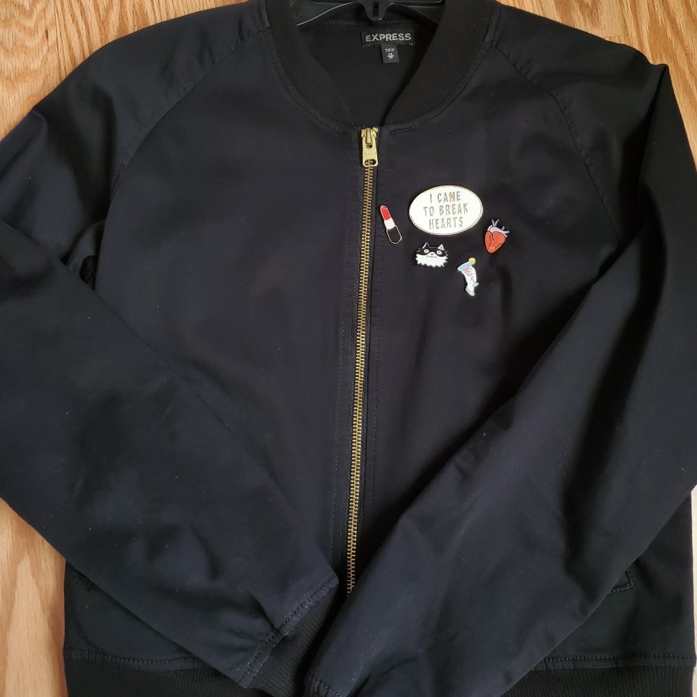 Express Black Matte & Gold Zipper Bomber Jacket w/ Express Pin and assorted pins